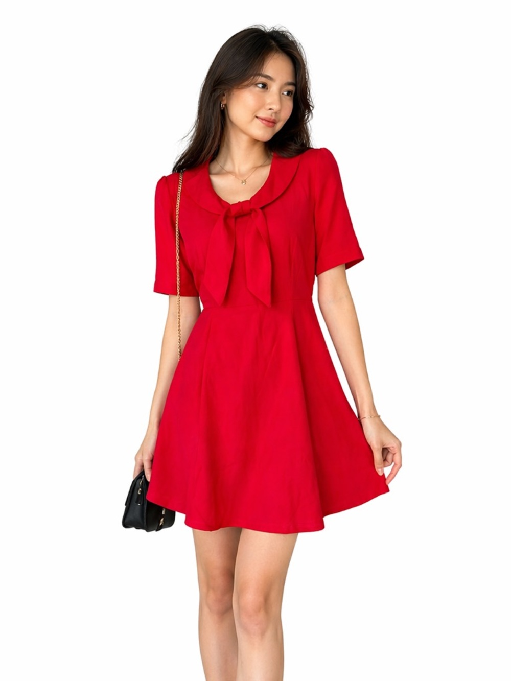 Tulip B Red Bow Tie Front Dress Coquette Peter Pan Collar Fit & Flare Dress